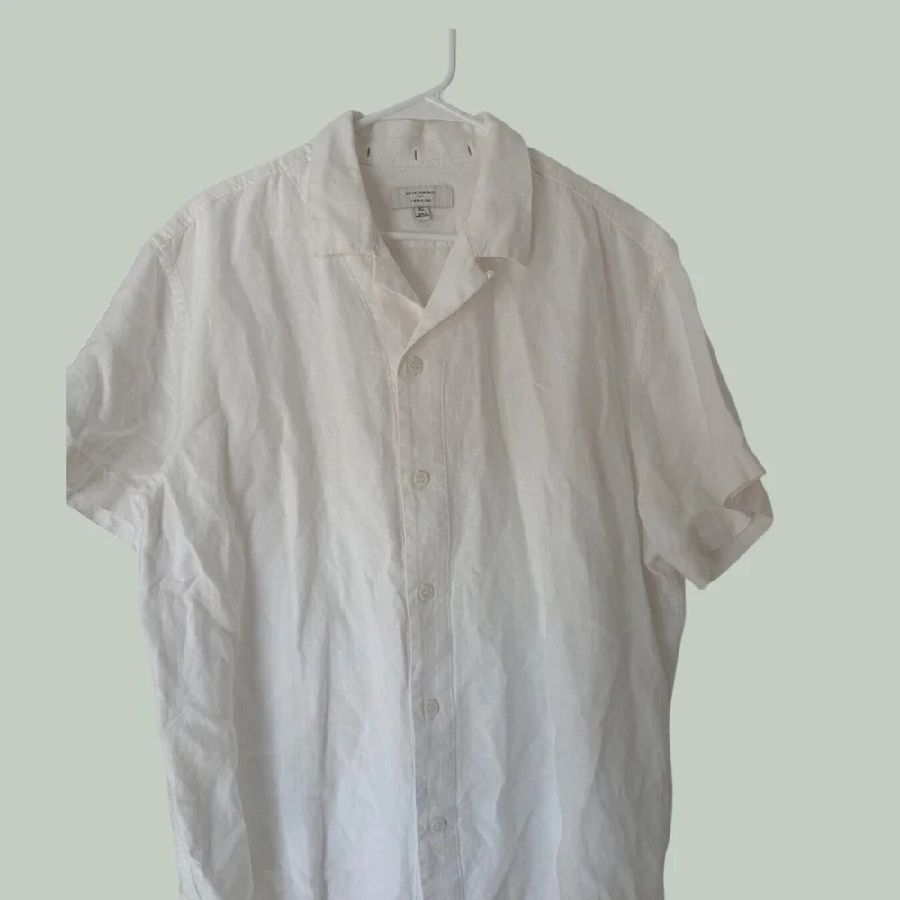 Banana Republic Mens XL White Linen Blend Short Sleeve Camp Collar Button Shirt